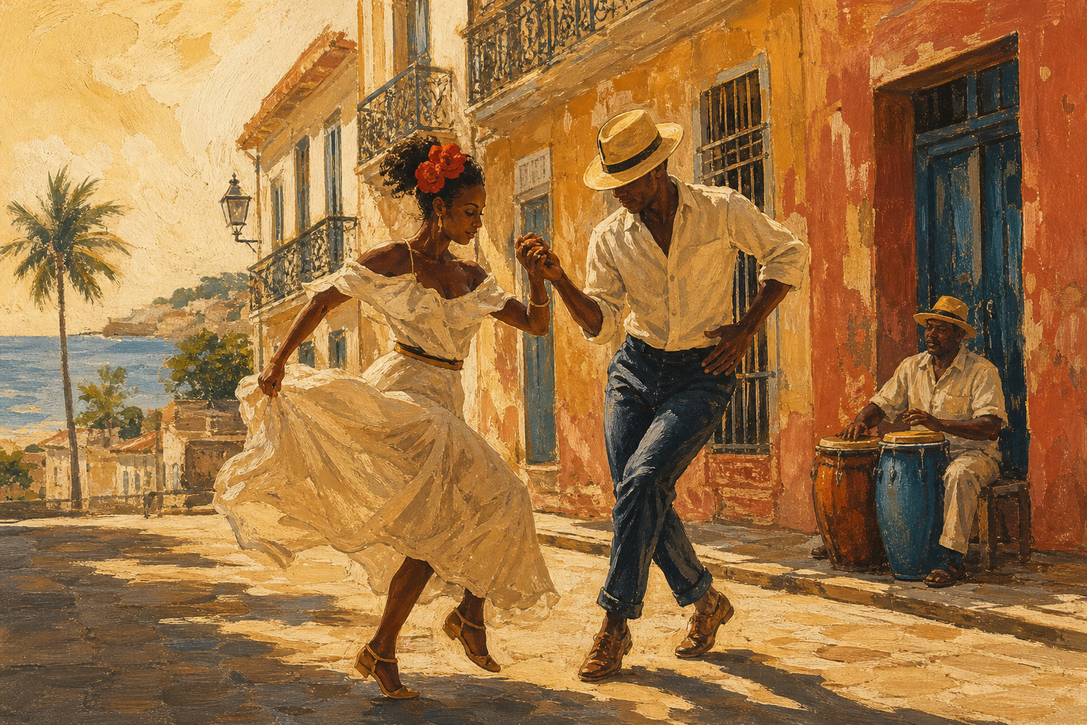Illustration of two dancers mid-step in a sun-worn Caribbean street at golden hour
