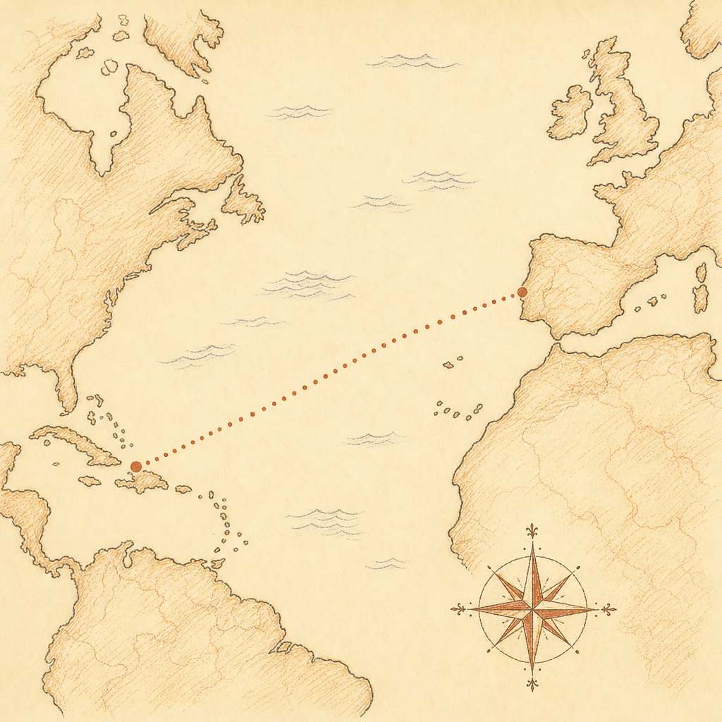 Hand-drawn map on cream paper with a dotted terracotta route line crossing the Atlantic