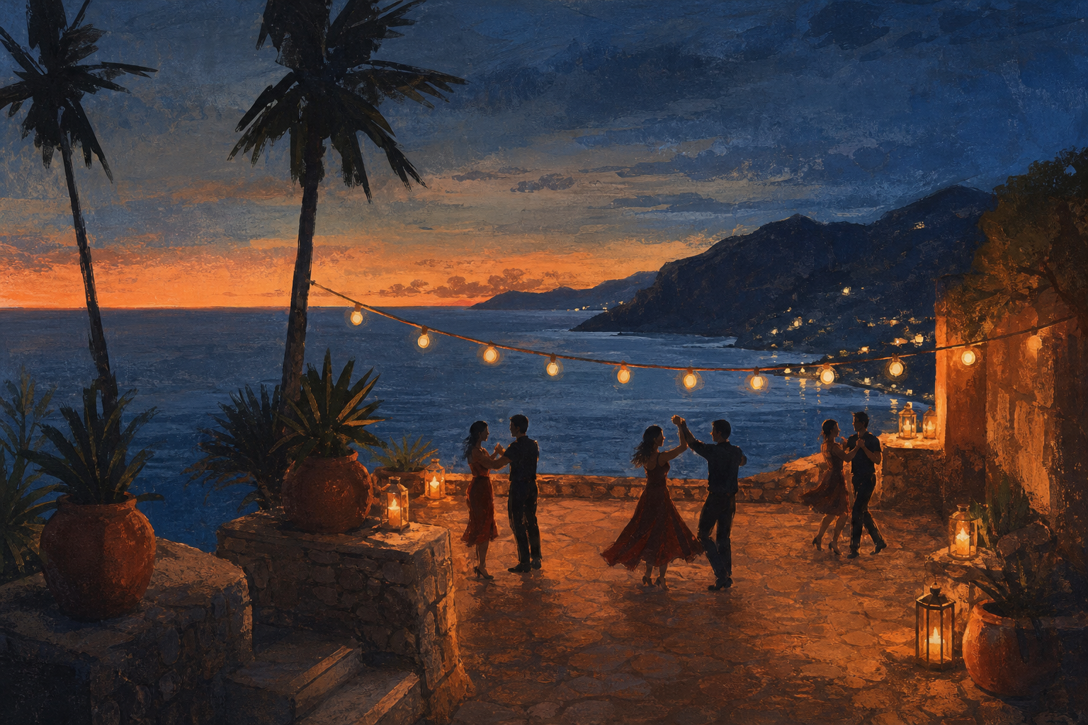 Illustration of a stone dance terrace above the sea at dusk, with string lights and a few silhouetted dancers